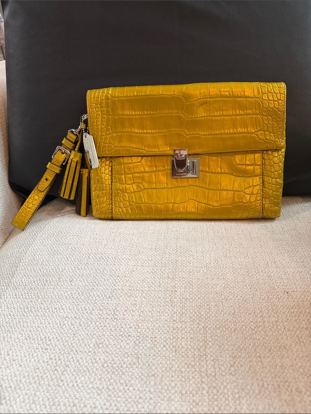 Coach Croc-Embossed Mustard Yellow Leather Wristlet Clutch